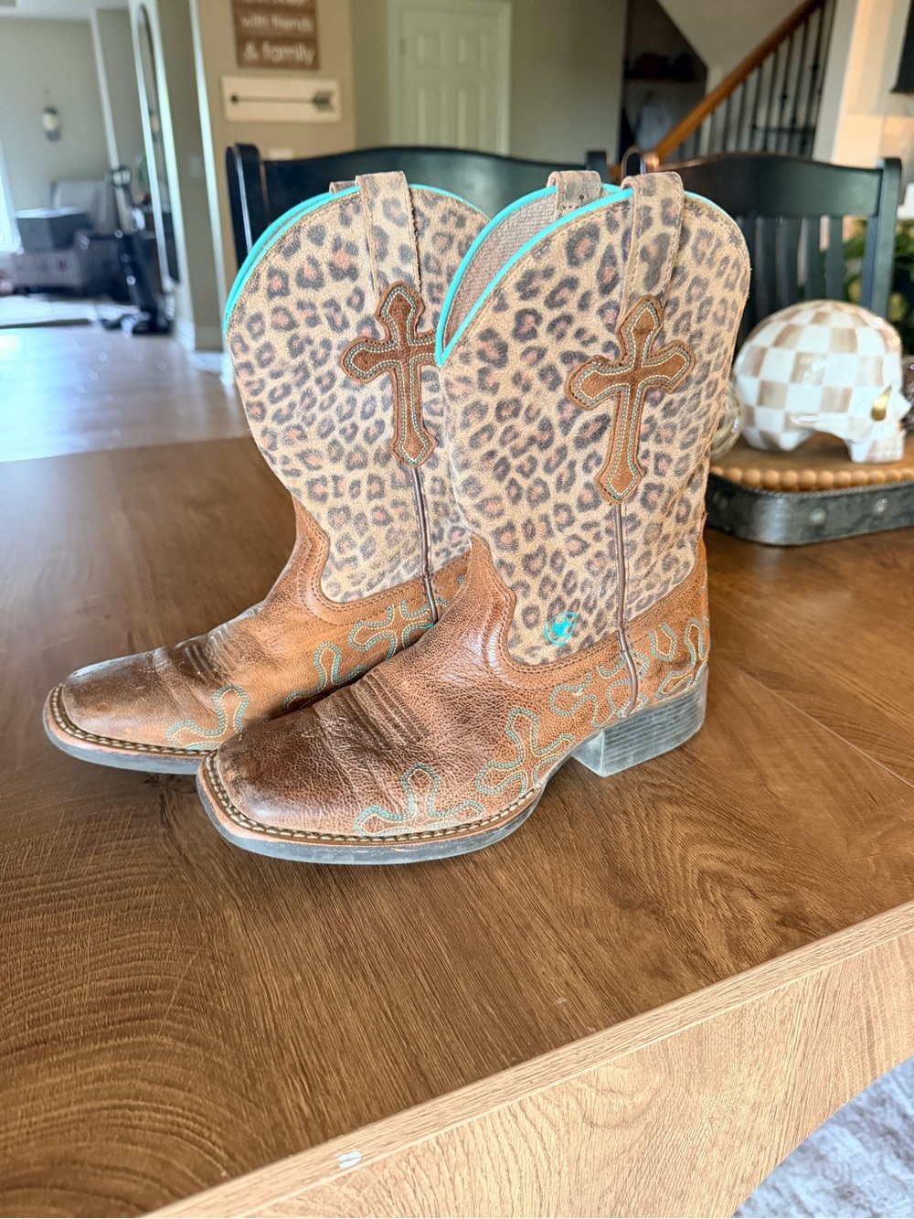 Ariat Brown Leather & Leopard Print Kids Boots with Turquoise